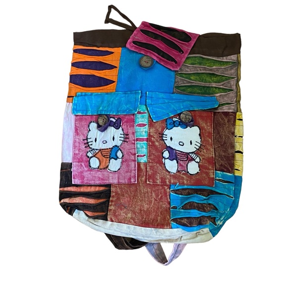 HELLO Kitty style burlap Kantha bohemian patchwork knapsack backpack Large - Picture 13 of 16